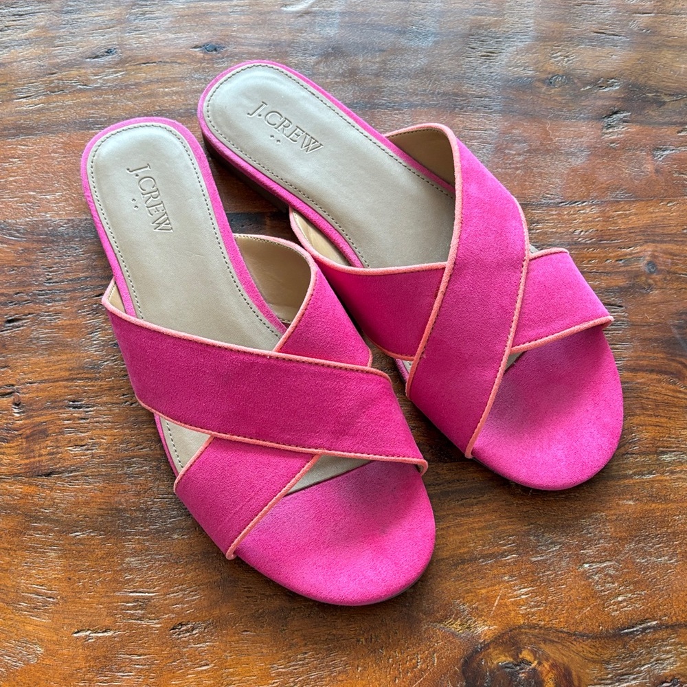 J. Crew Hot Pink Suede Crisscross Slide Sandals with Contrast Trim